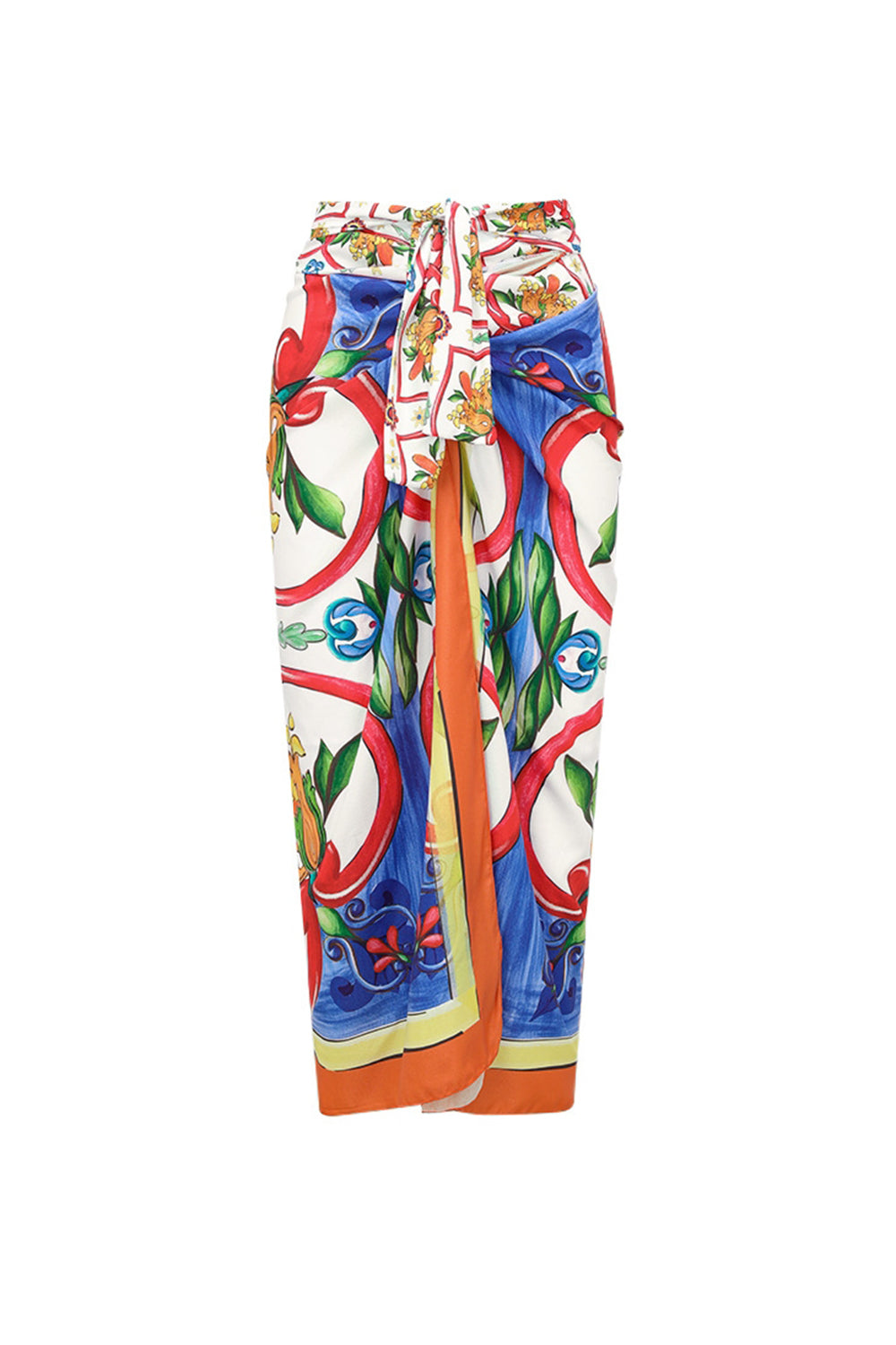 One Shoulder 2 Piece Orange Blue Print Swimwear with Cover Up Dress