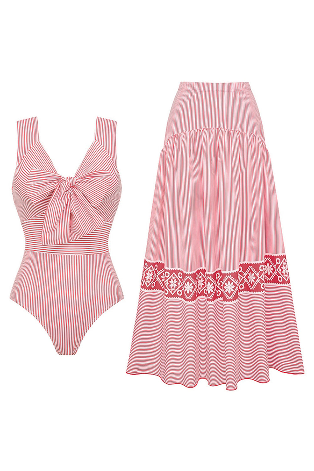 Red Striped Bowknot 2 Piece Swimwear Set with Beach Dress