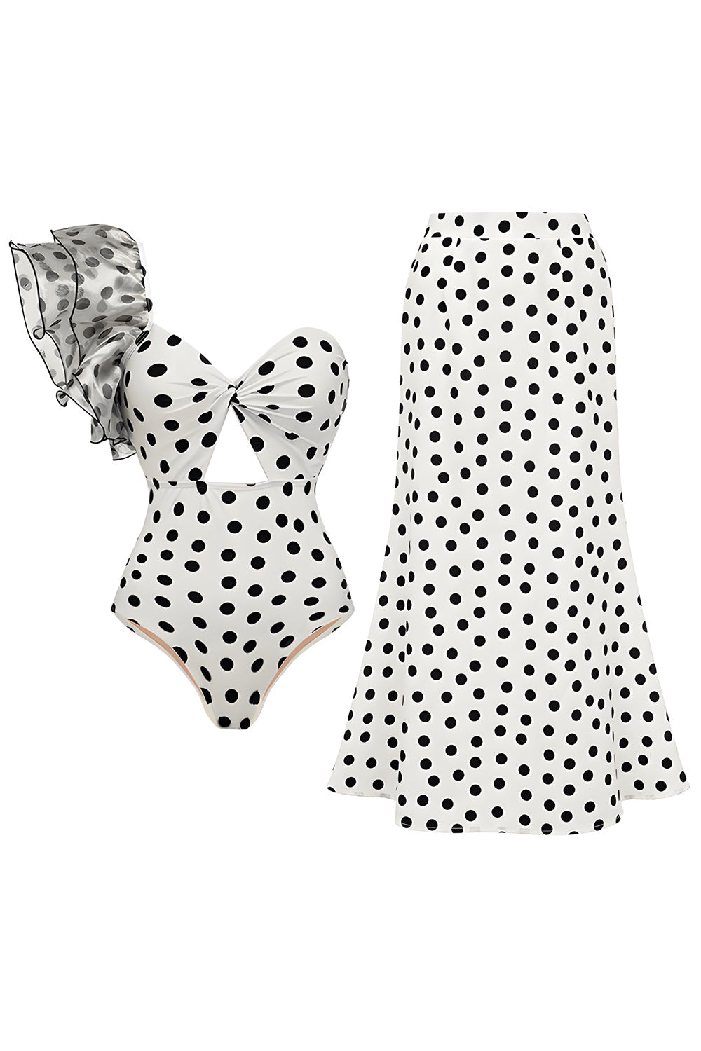 Maillot de bain 2 pièces avec découpe et épaule dénudée, blanc à pois noirs, avec paréo