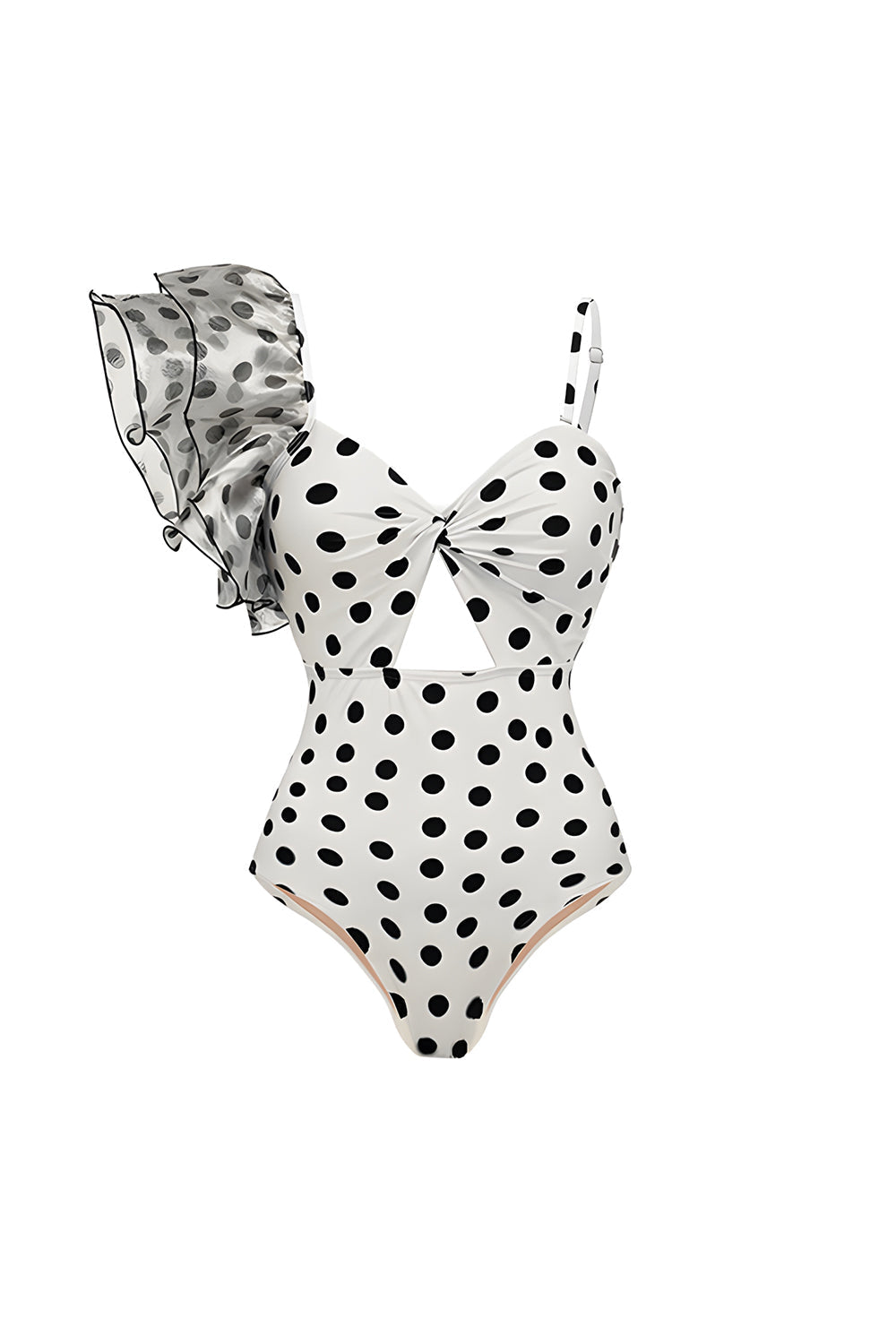 Maillot de bain 2 pièces avec découpe et épaule dénudée, blanc à pois noirs, avec paréo