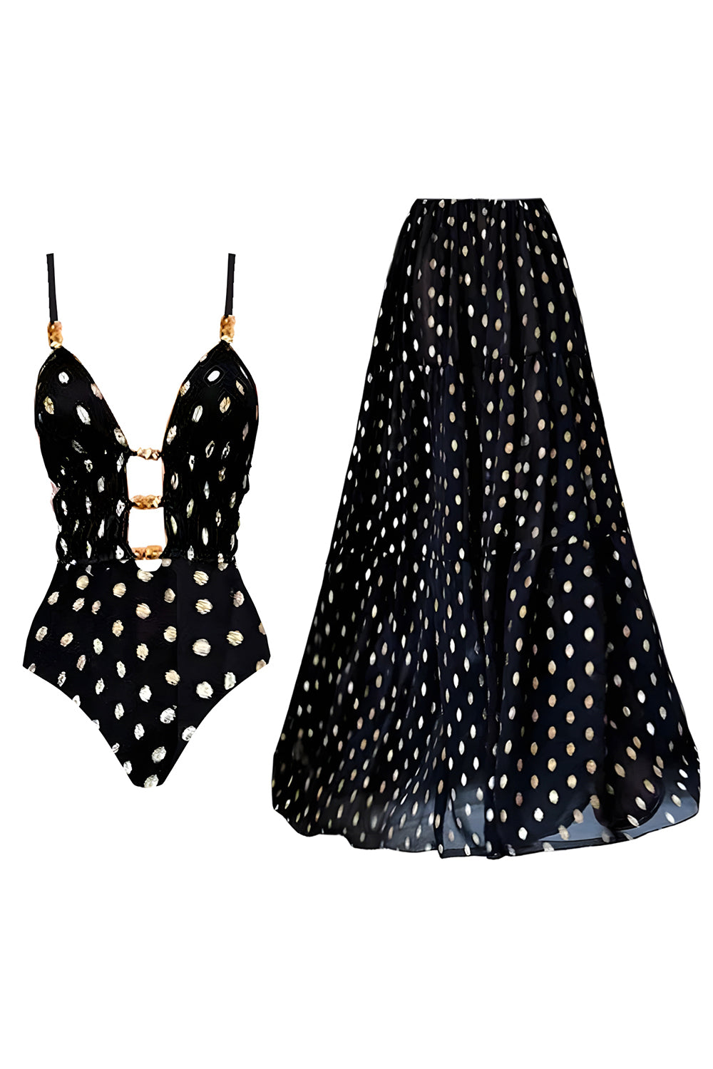 Maillot de Bain Découpé 2 Pièces à Bretelles Fines à Pois Noir et Blanc avec Cache-Maillot