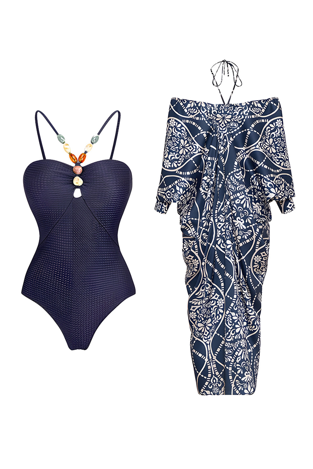 Maillot de bain 2 pièces perlé à bretelles spaghetti bleu marine avec robe-tunique