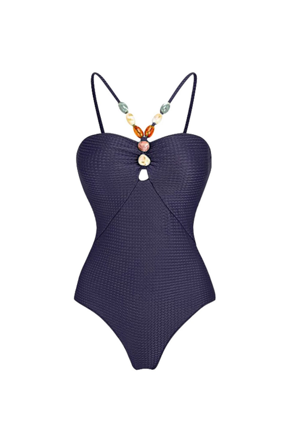Maillot de bain 2 pièces perlé à bretelles spaghetti bleu marine avec robe-tunique