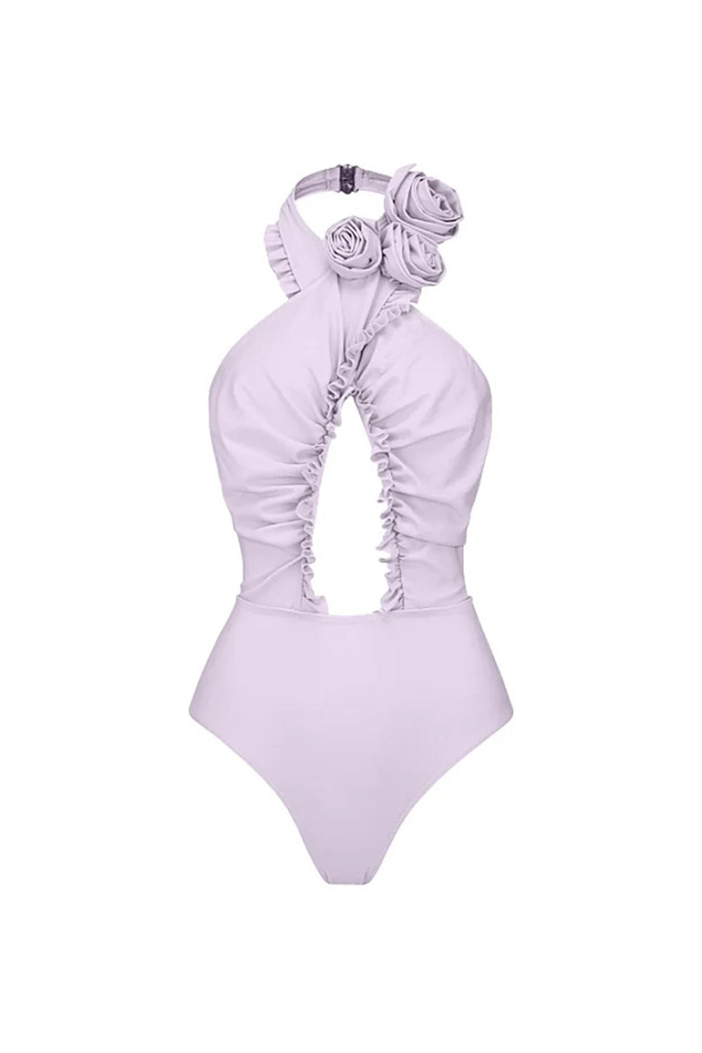 Halter 3D Flower Cut Out 2 Piece Lilac Swimsuit with Cover Up Dress
