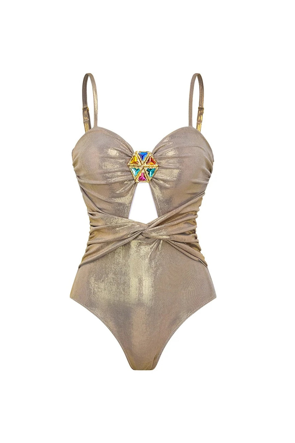 Metallic Golden 4 Piece Cut Out Swimwear Set with Cover Up