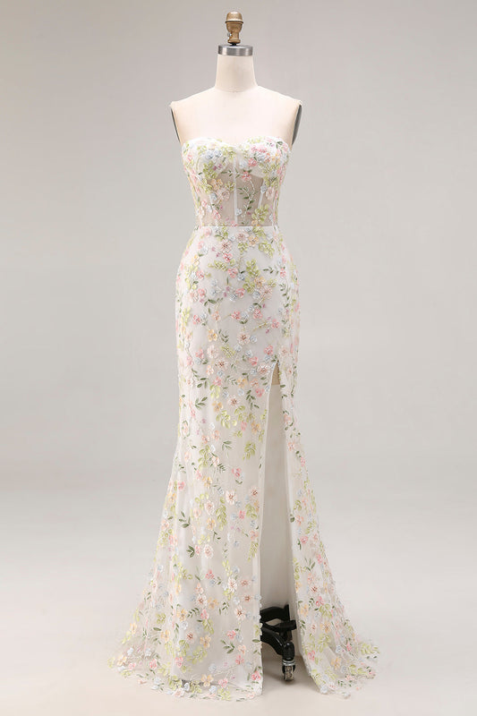 Robe de bal longue bustier sirène à fleurs blanches avec fente