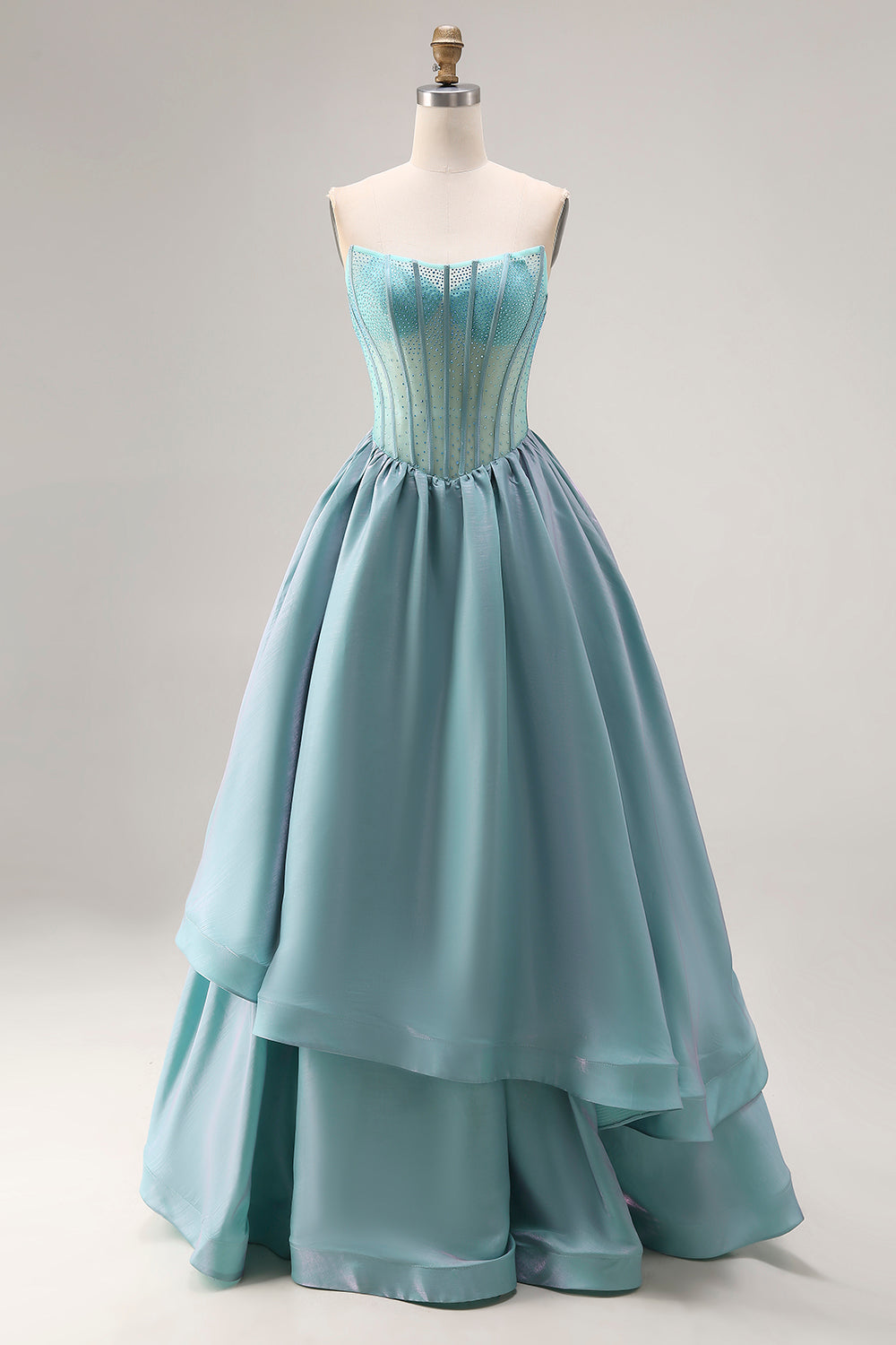 Turquoise Beaded Corset Strapless A-Line Long Satin Prom Dress