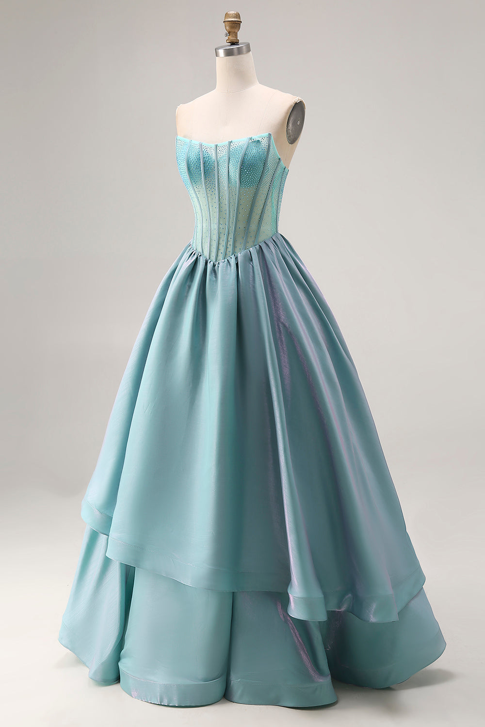 Turquoise Beaded Corset Strapless A-Line Long Satin Prom Dress