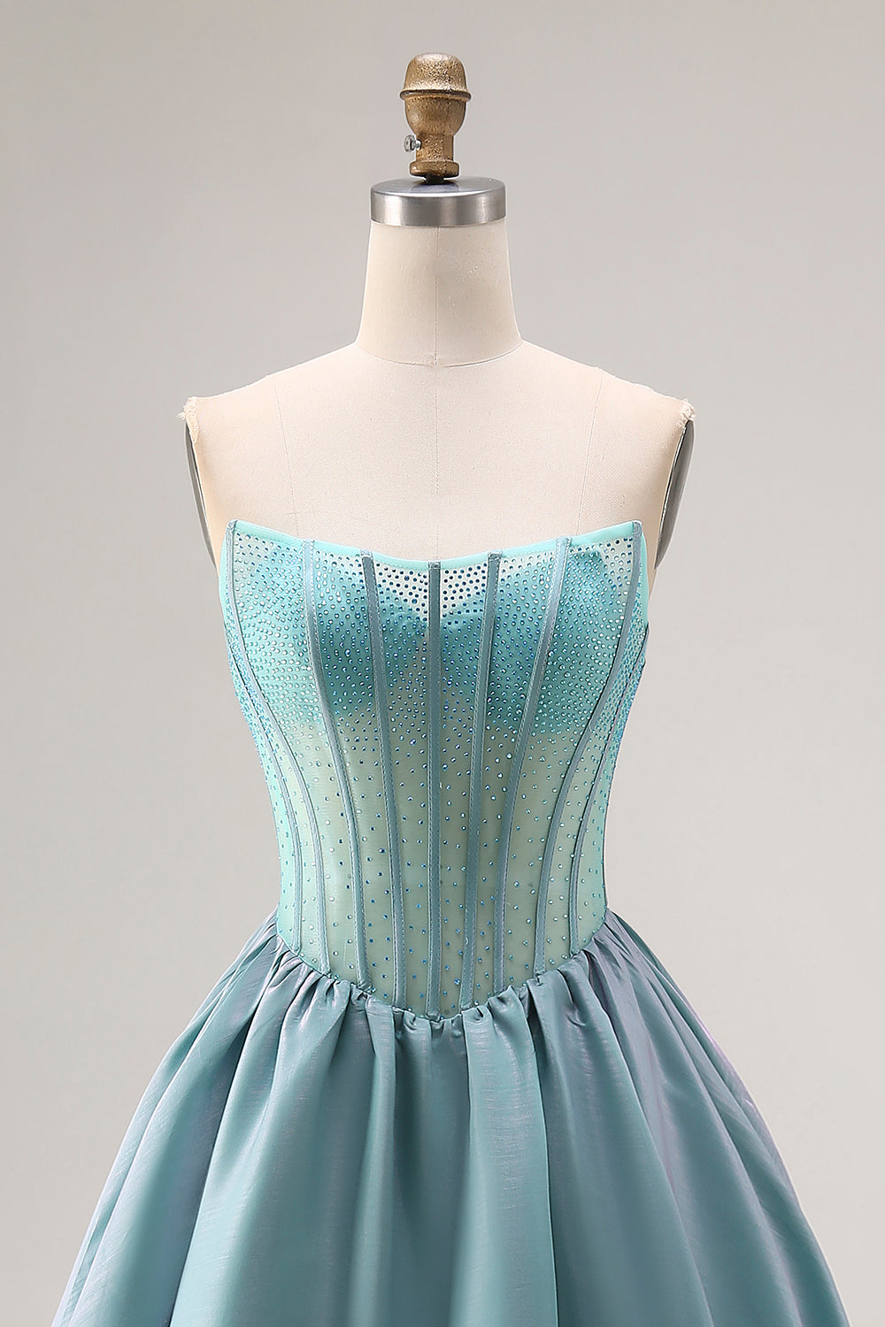 Turquoise Beaded Corset Strapless A-Line Long Satin Prom Dress