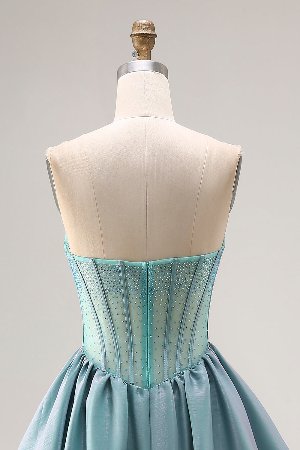 Turquoise Beaded Corset Strapless A-Line Long Satin Prom Dress