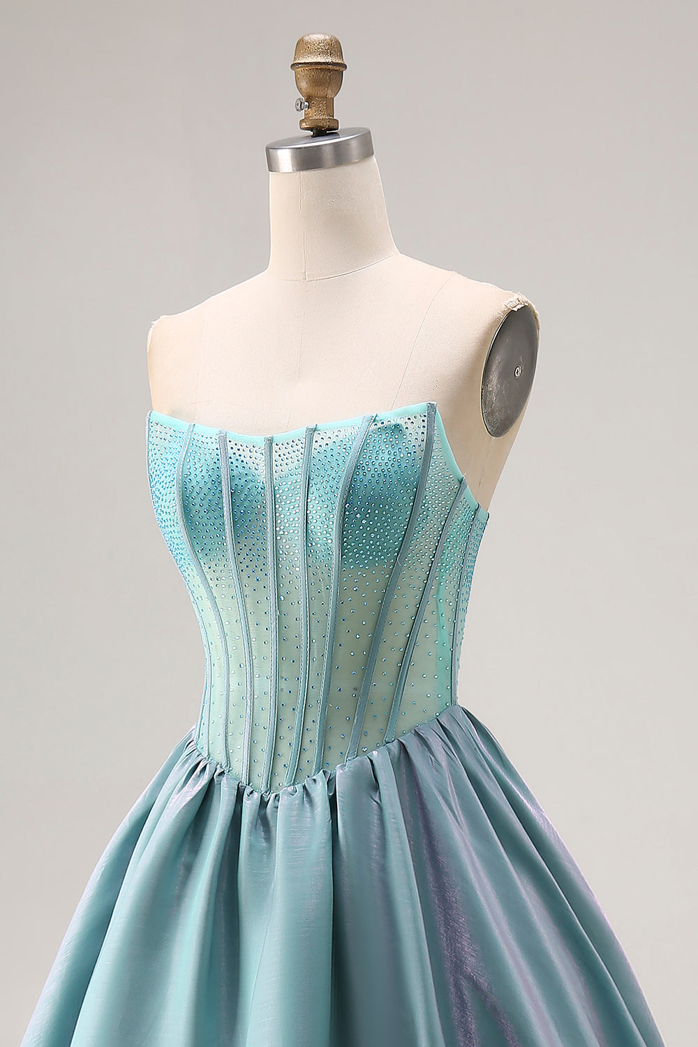 Turquoise Beaded Corset Strapless A-Line Long Satin Prom Dress
