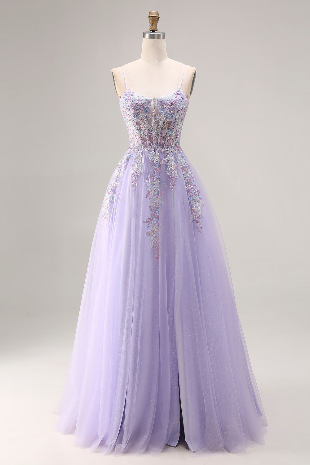 Lilac Appliqued Corset Tulle Spaghetti Straps A-Line Long Prom Dress with Slit