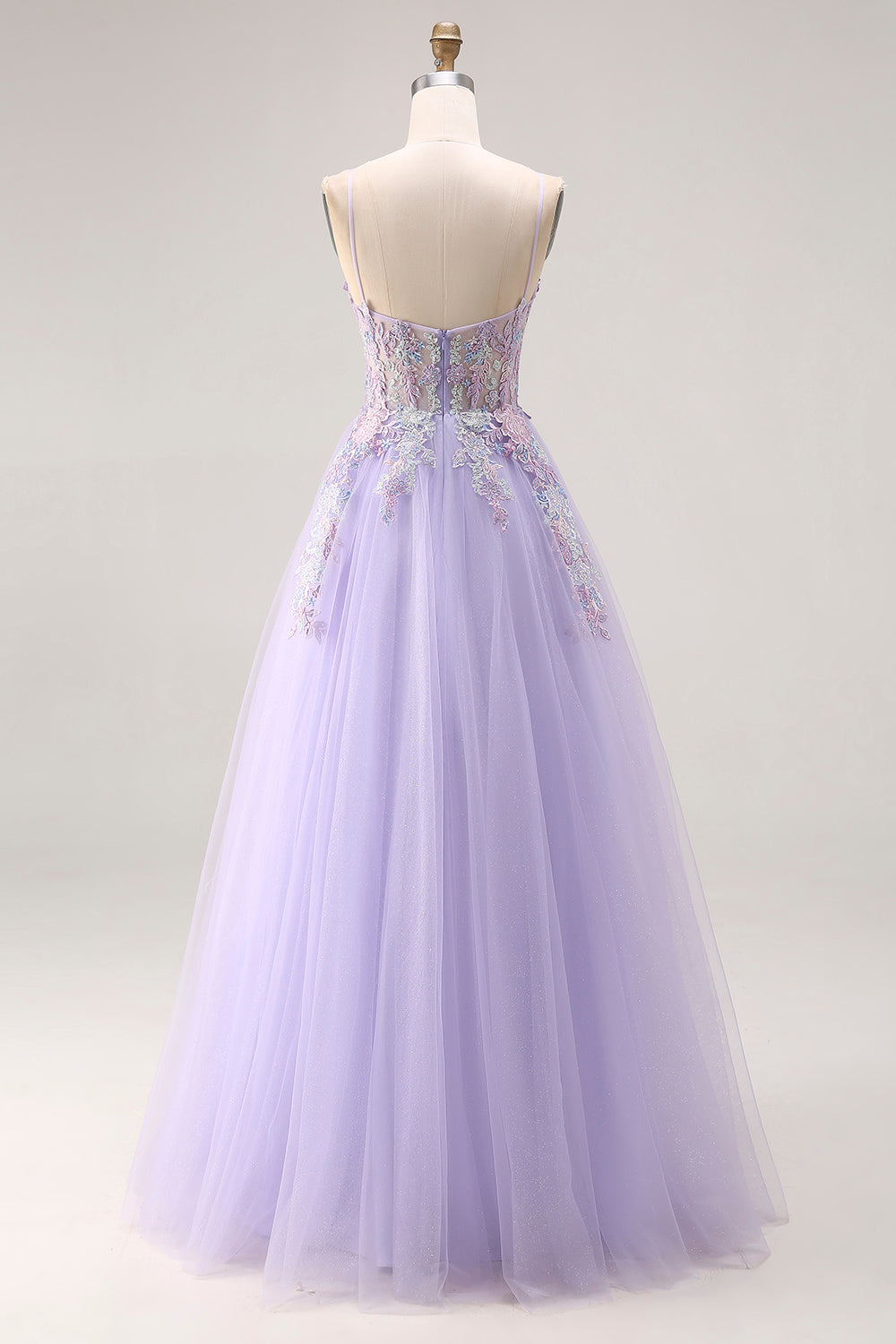 Lilac Appliqued Corset Tulle Spaghetti Straps A-Line Long Prom Dress with Slit