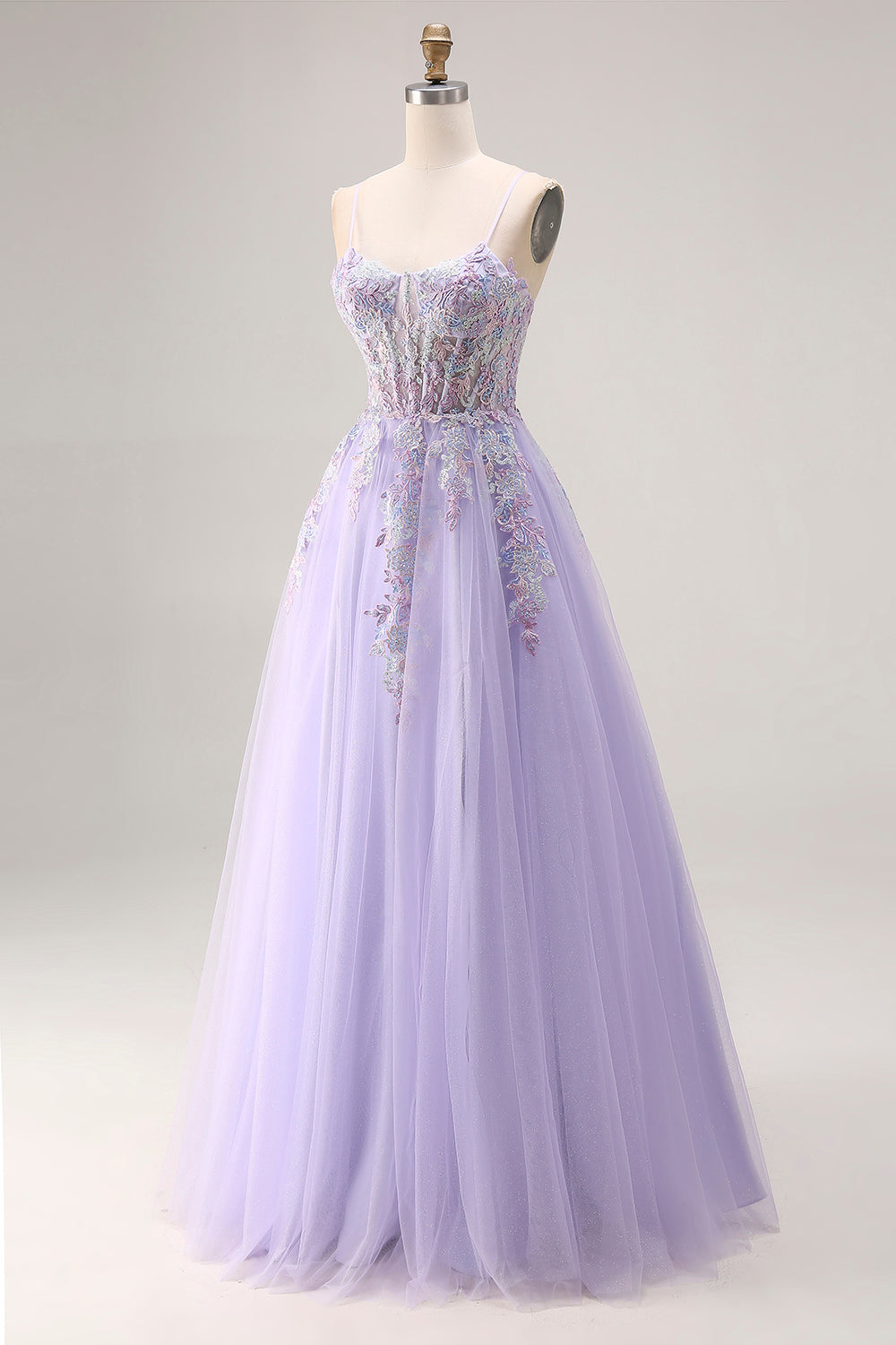 Lilac Appliqued Corset Tulle Spaghetti Straps A-Line Long Prom Dress with Slit