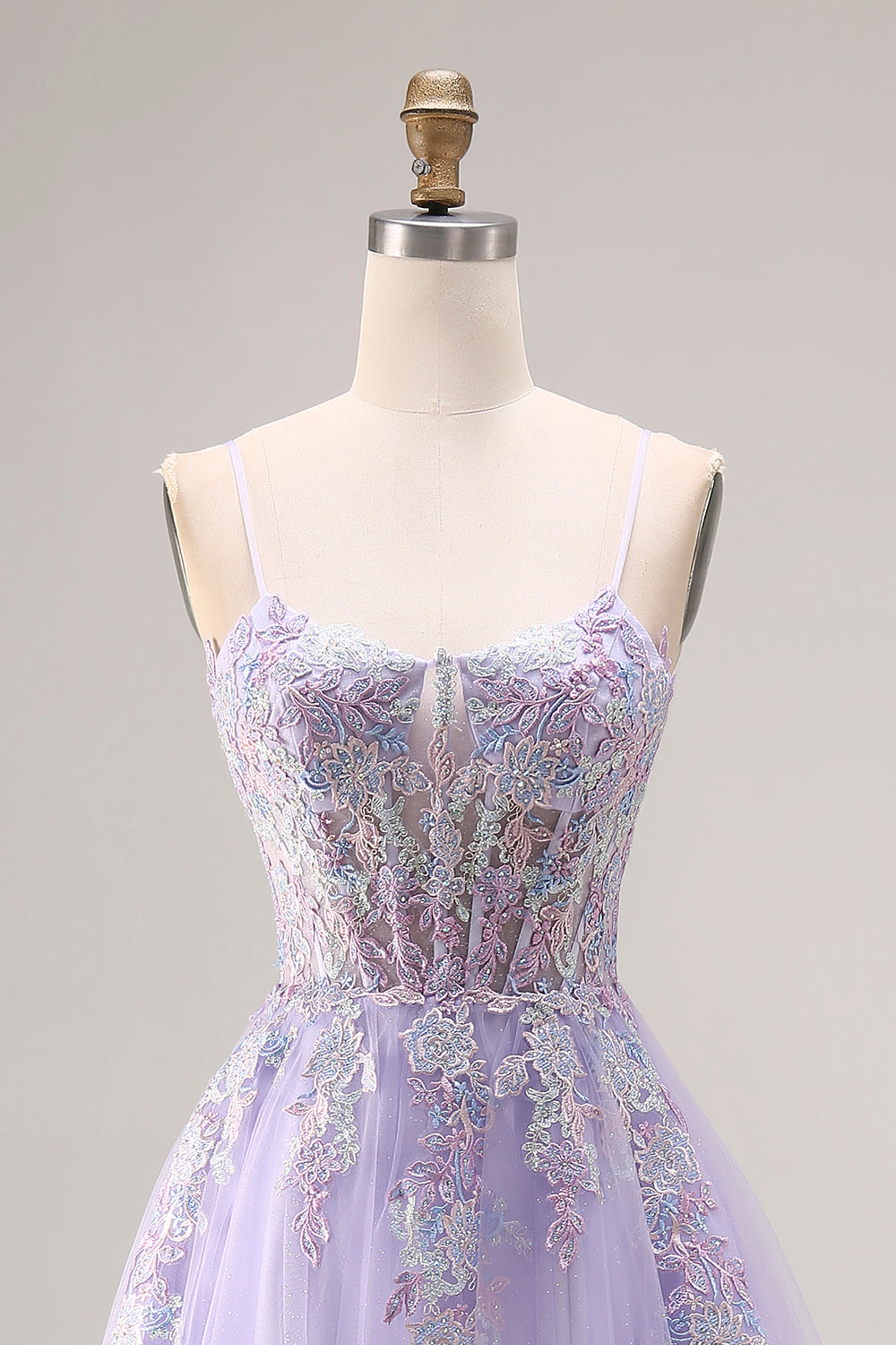 Lilac Appliqued Corset Tulle Spaghetti Straps A-Line Long Prom Dress with Slit