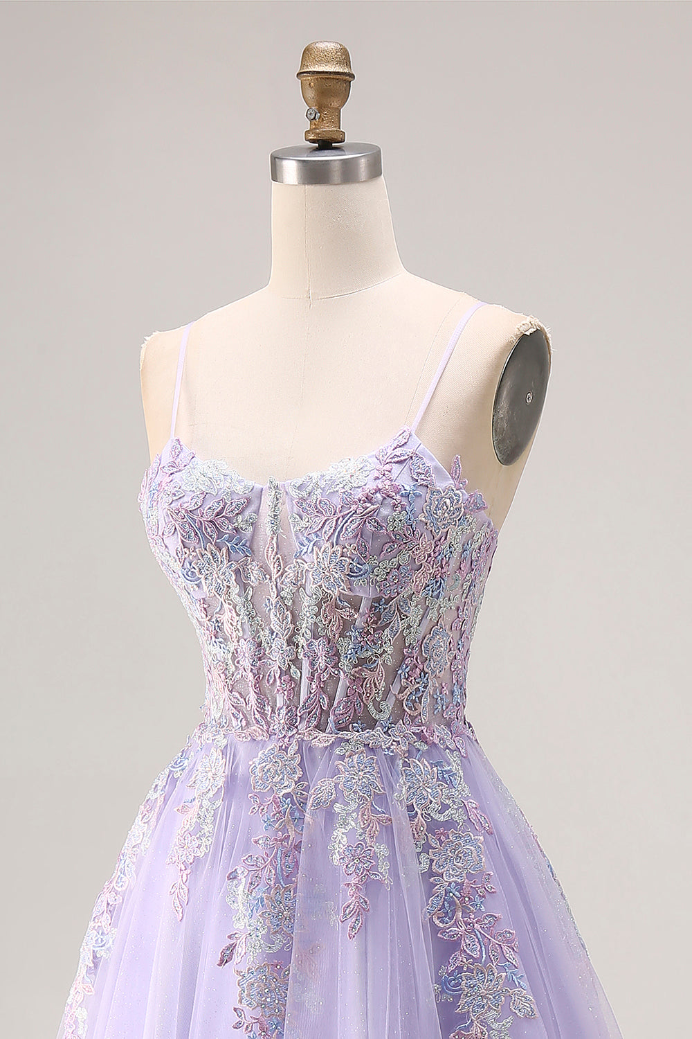 Lilac Appliqued Corset Tulle Spaghetti Straps A-Line Long Prom Dress with Slit