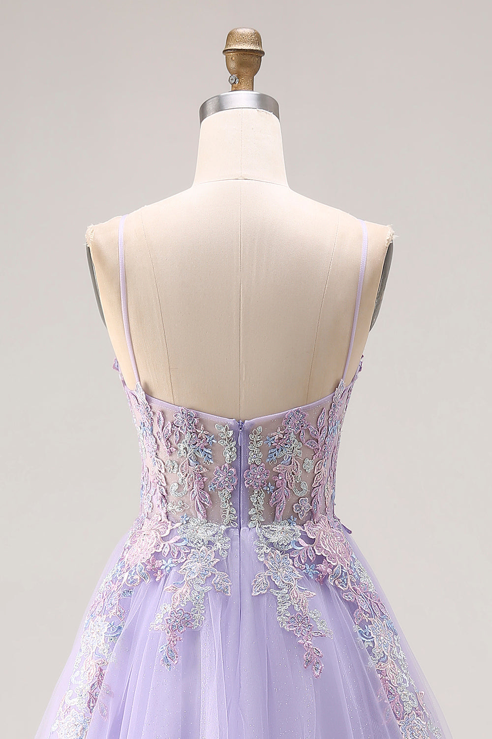 Lilac Appliqued Corset Tulle Spaghetti Straps A-Line Long Prom Dress with Slit