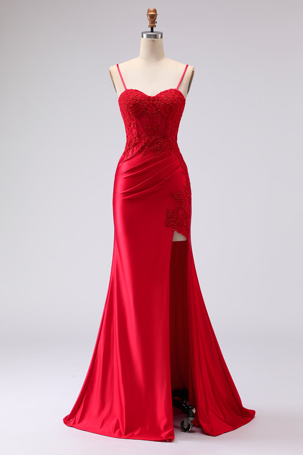 Red Satin Mermaid Embroidered Lace-Up Back Long Prom Dress with Slit