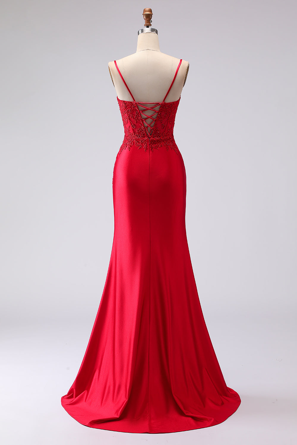Red Satin Mermaid Embroidered Lace-Up Back Long Prom Dress with Slit