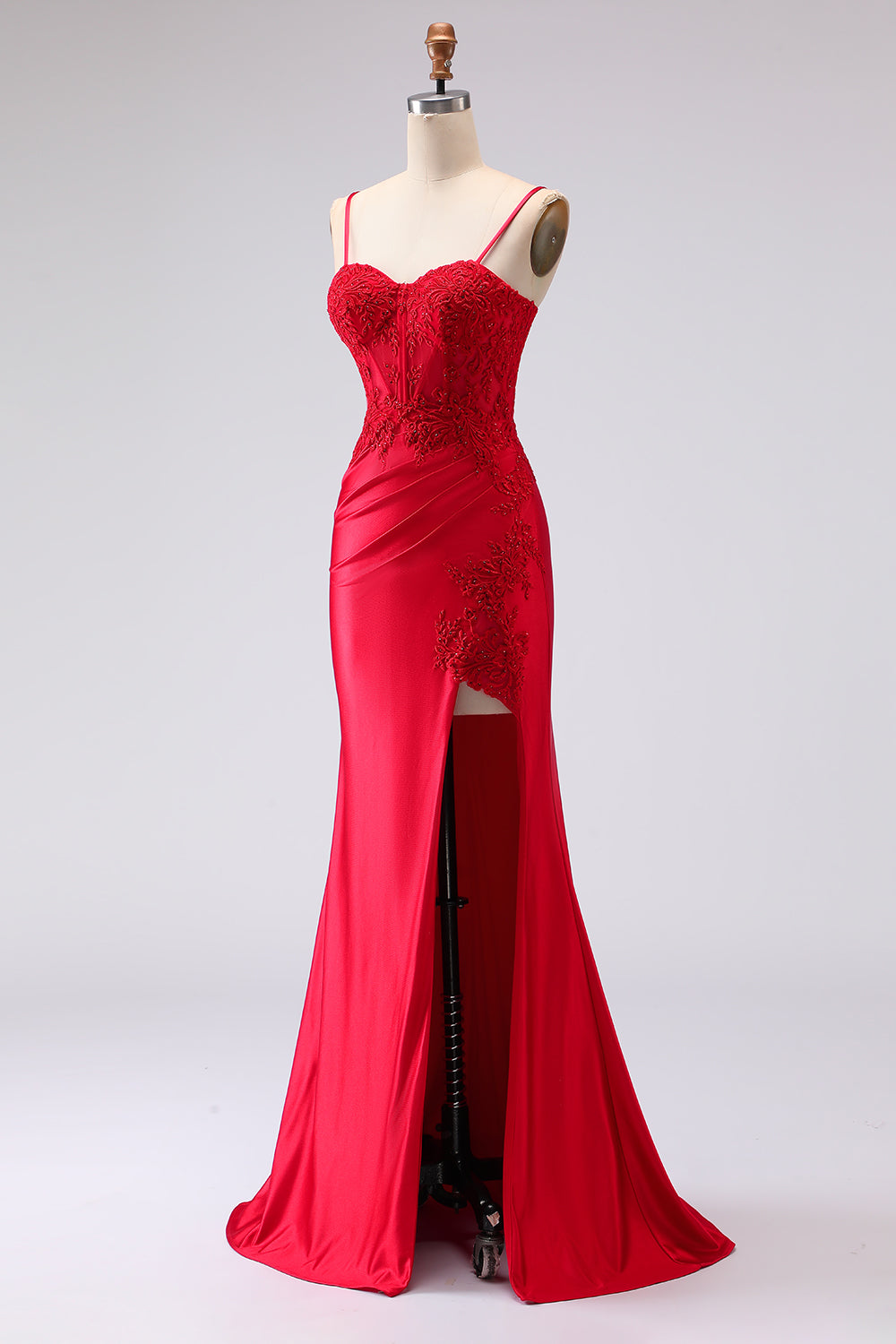 Red Satin Mermaid Embroidered Lace-Up Back Long Prom Dress with Slit