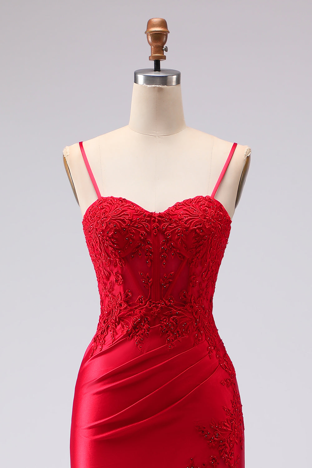 Red Satin Mermaid Embroidered Lace-Up Back Long Prom Dress with Slit