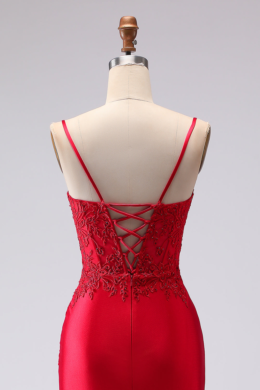 Red Satin Mermaid Embroidered Lace-Up Back Long Prom Dress with Slit