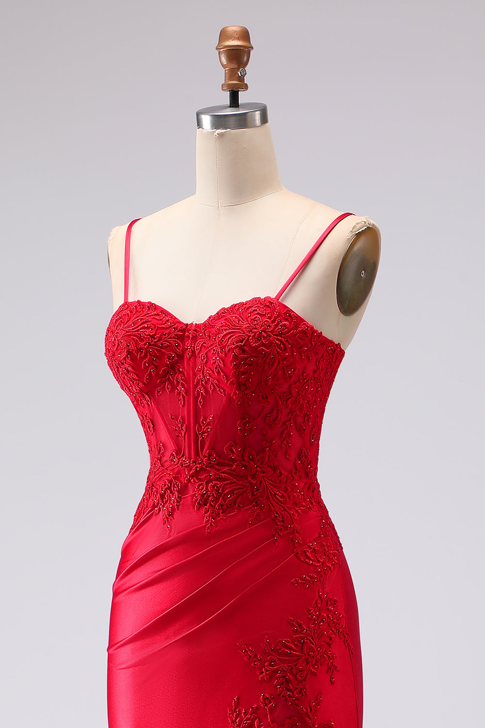 Red Satin Mermaid Embroidered Lace-Up Back Long Prom Dress with Slit