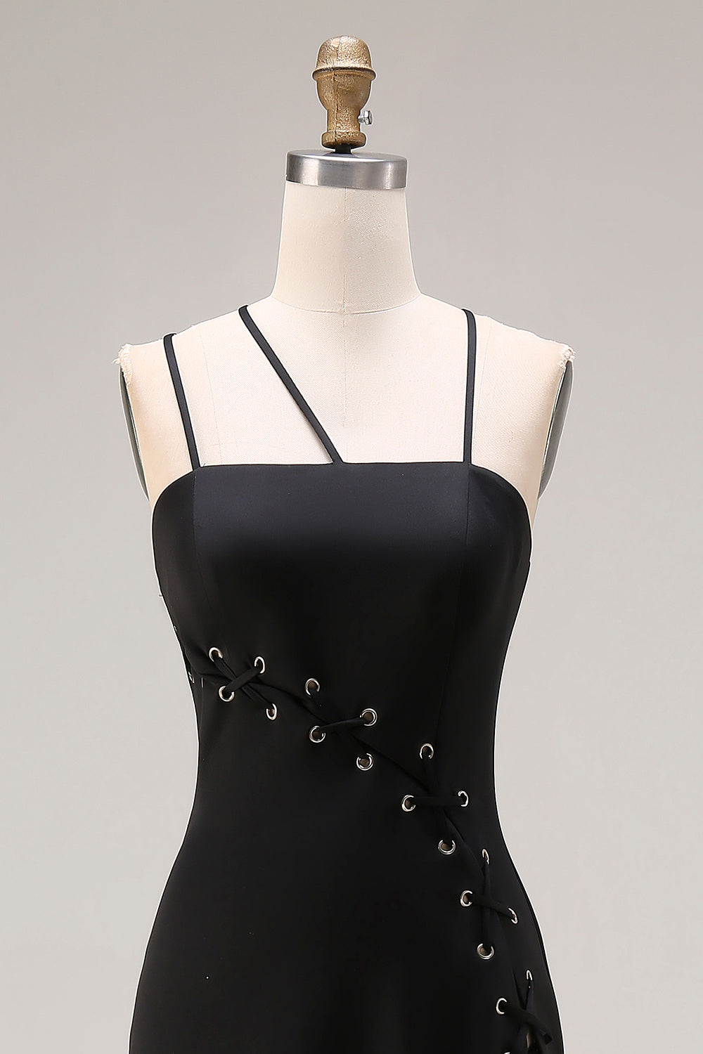 Black Sheath Satin Spaghetti Straps Long Formal Dress with Slit