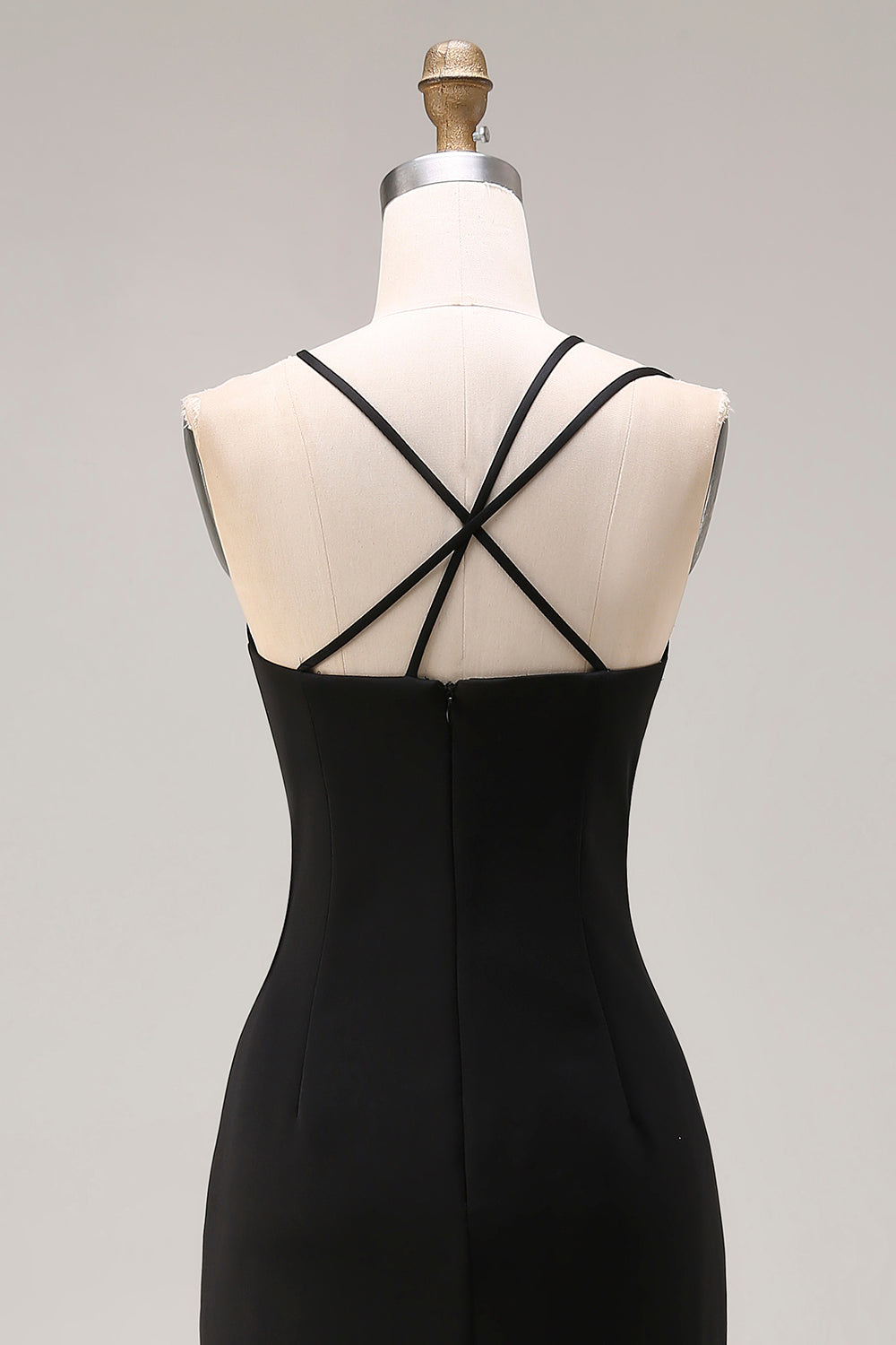Black Sheath Satin Spaghetti Straps Long Formal Dress with Slit