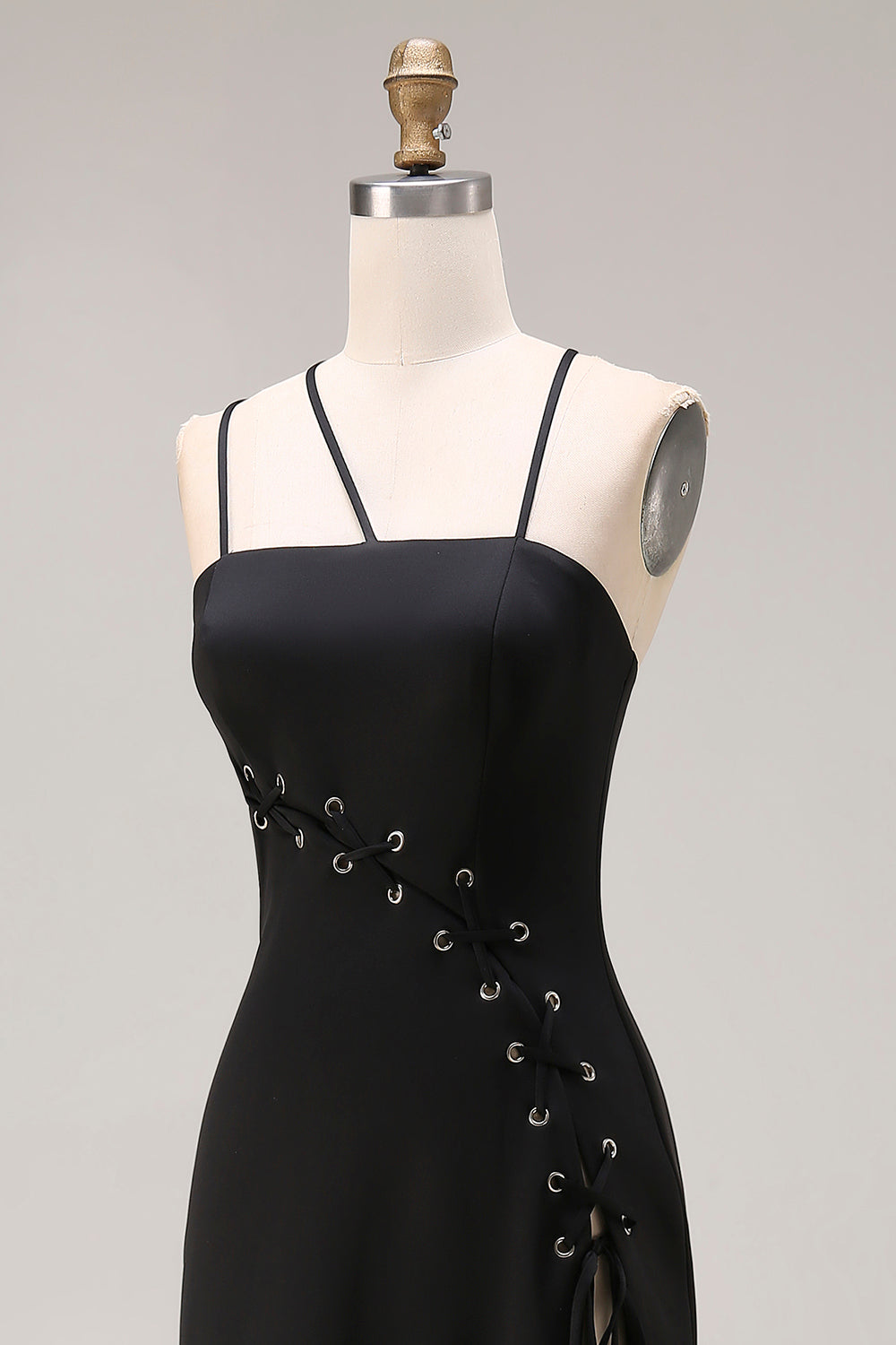 Black Sheath Satin Spaghetti Straps Long Formal Dress with Slit