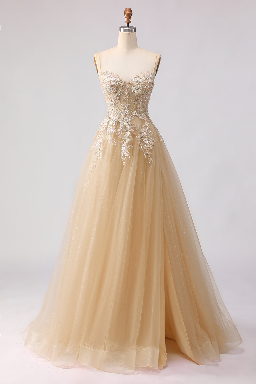 Sage Green A-Line Beaded Long Tulle Prom Dress with Embroidery