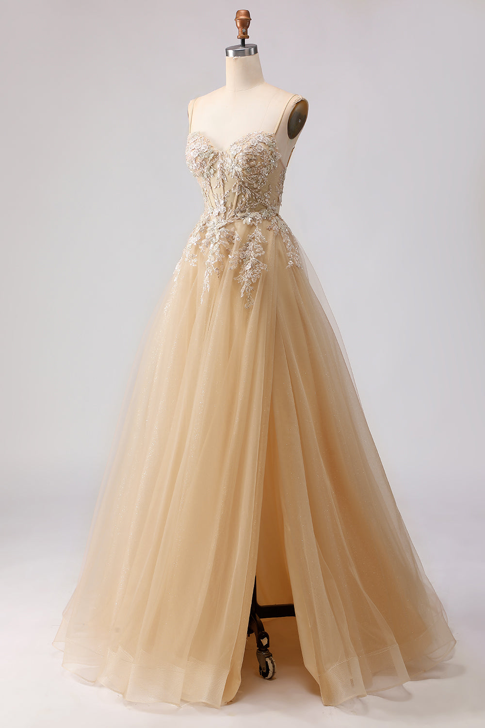 Sage Green A Line Embroidered Long Tulle Prom Dress with Slit