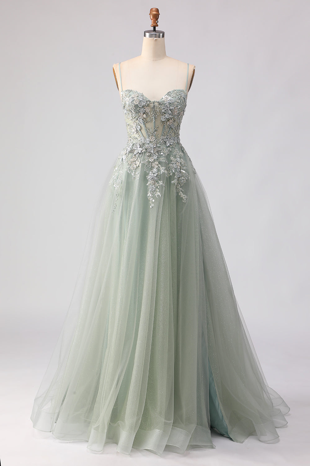 Sage Green A Line Embroidered Long Tulle Prom Dress with Slit