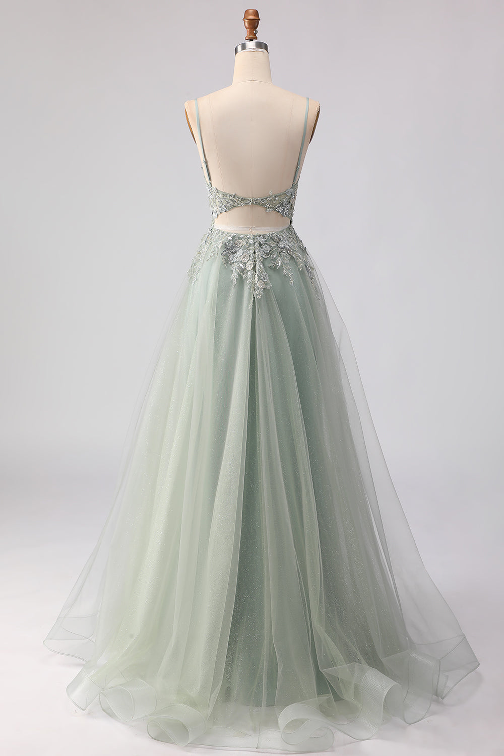 Sage Green A Line Embroidered Long Tulle Prom Dress with Slit