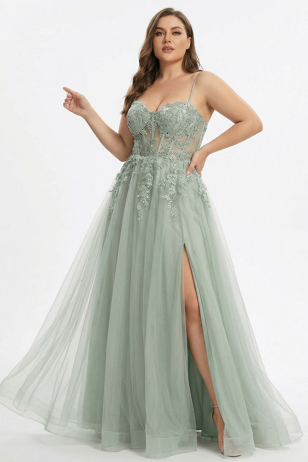 Sage Green A Line Embroidered Long Tulle Prom Dress with Slit