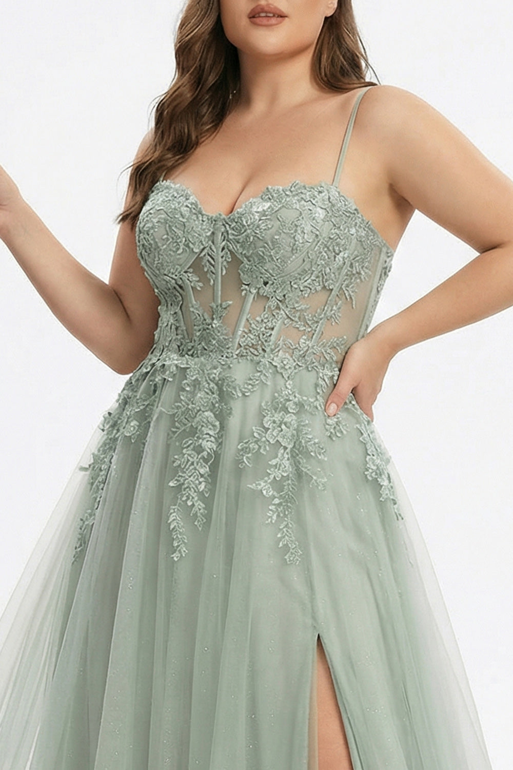 Sage Green A Line Embroidered Long Tulle Prom Dress with Slit