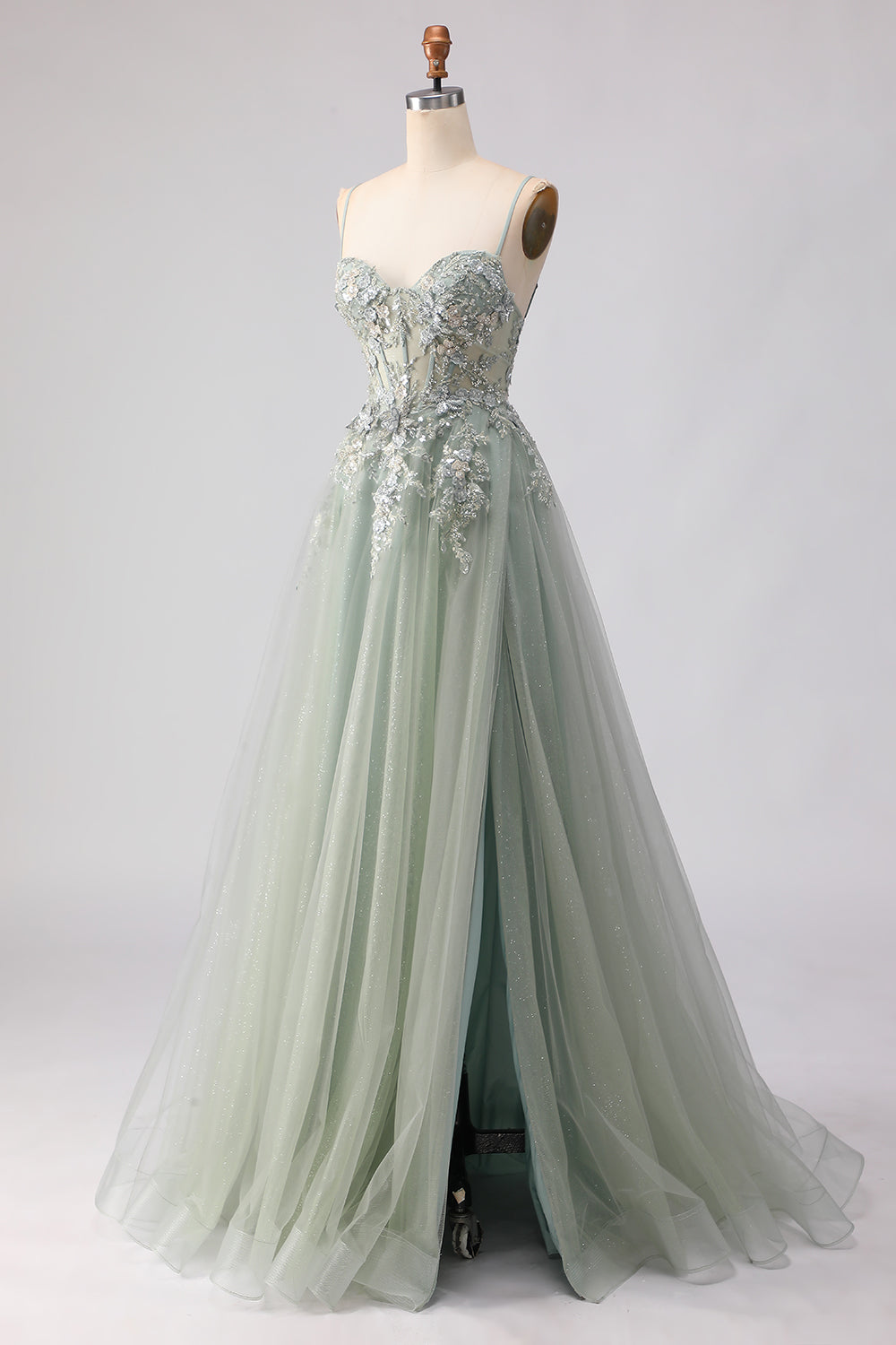 Sage Green A Line Embroidered Long Tulle Prom Dress with Slit