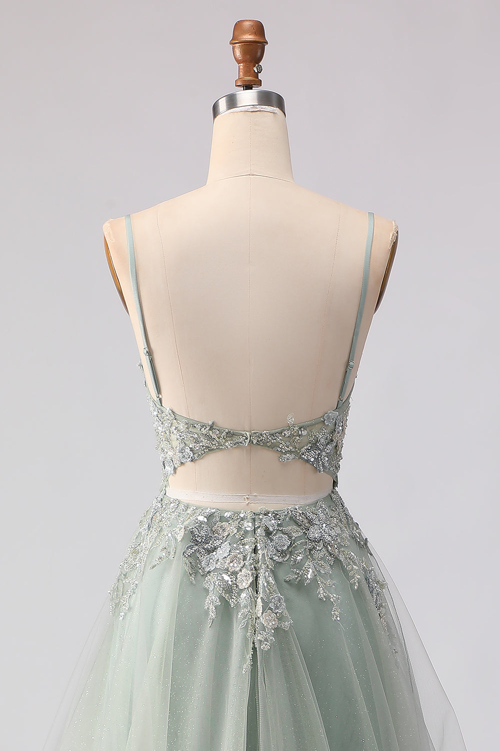Sage Green A-Line Beaded Long Tulle Prom Dress with Embroidery
