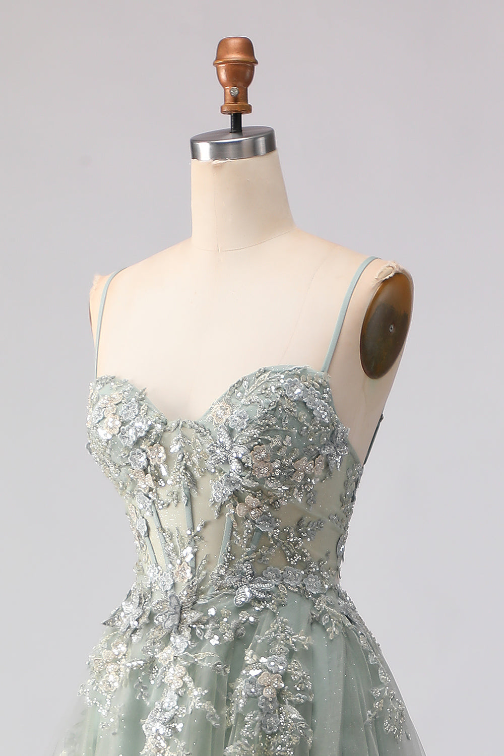 Sage Green A-Line Beaded Long Tulle Prom Dress with Embroidery
