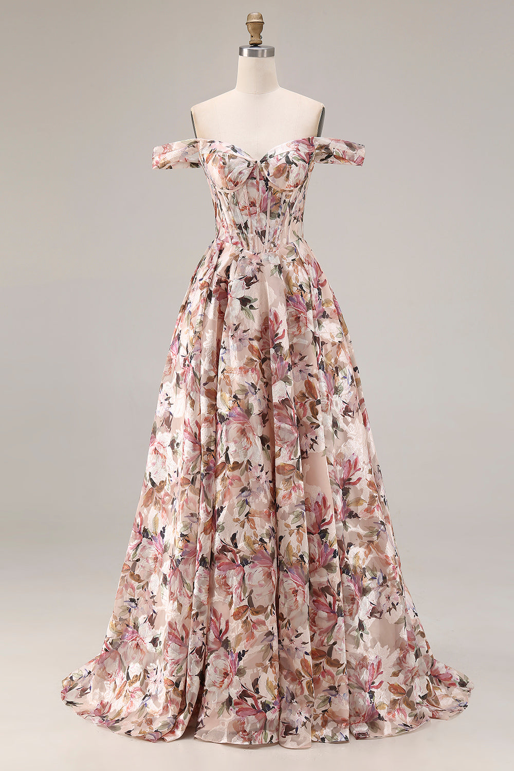 Off The Shoulder Floral A-Line Corset Desert Rose Long Prom Dress