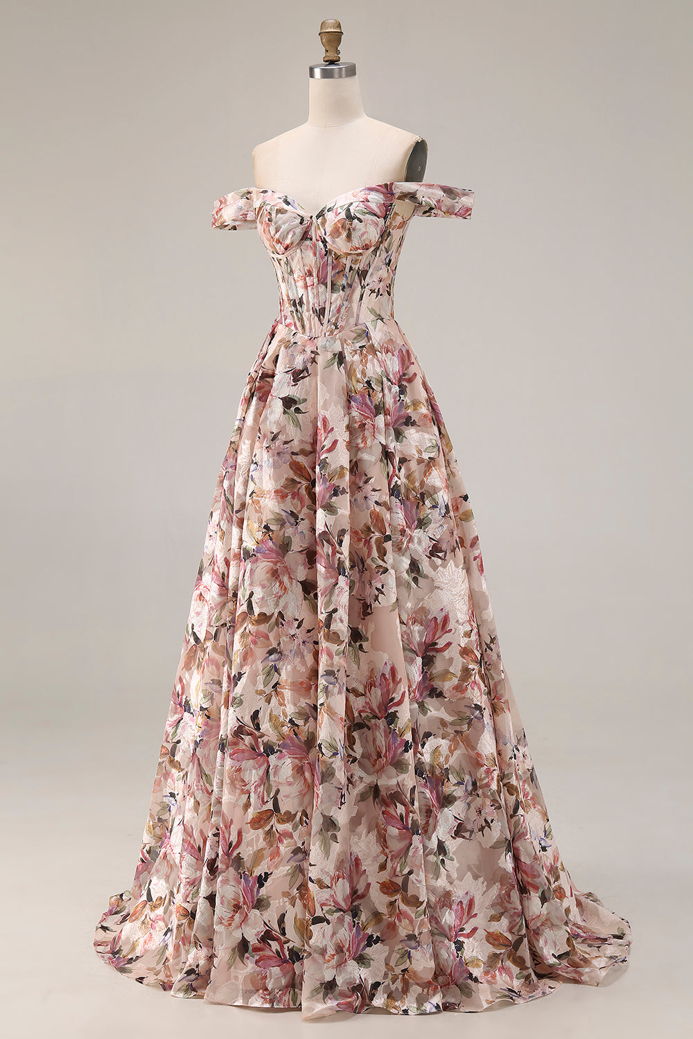 Off The Shoulder Floral A-Line Corset Desert Rose Long Prom Dress