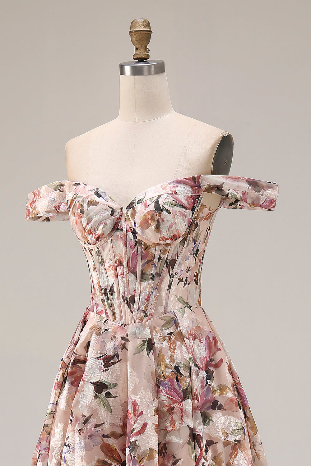 Off The Shoulder Floral A-Line Corset Desert Rose Long Prom Dress