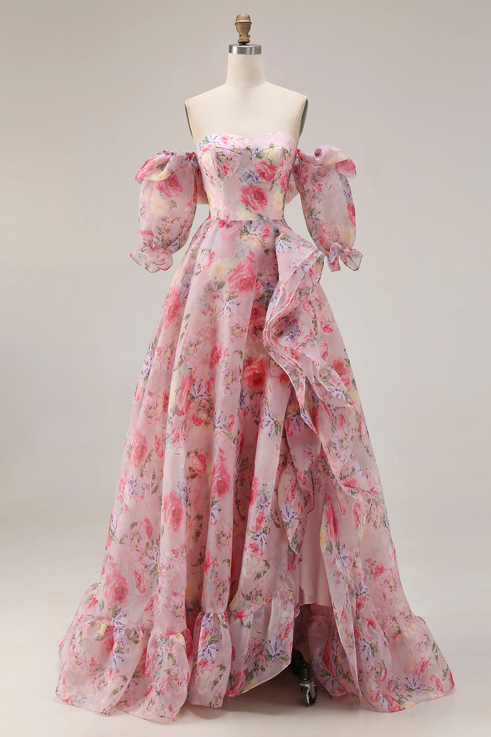 Pink Floral A Line Off The Shoulder Puff Sleeves Chiffon Long Prom Dress with Ruffled Skirt