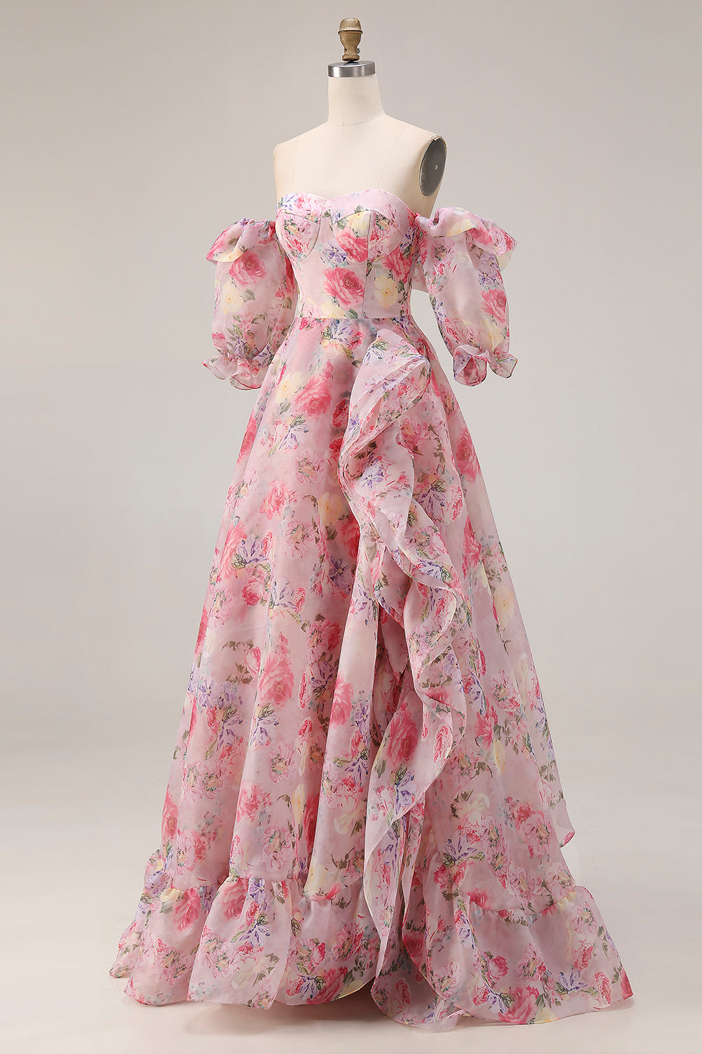 Pink Floral A Line Off The Shoulder Puff Sleeves Chiffon Long Prom Dress with Ruffled Skirt