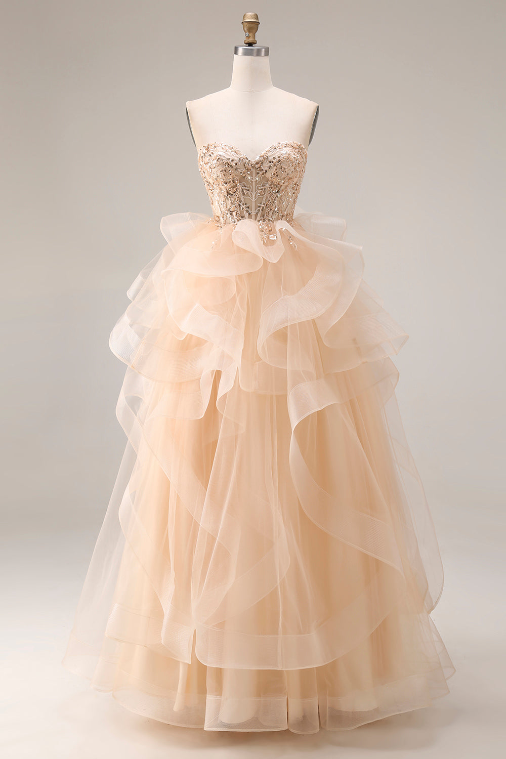 Champagne Strapless Organza A-Line Long Prom Dress with Ruffles