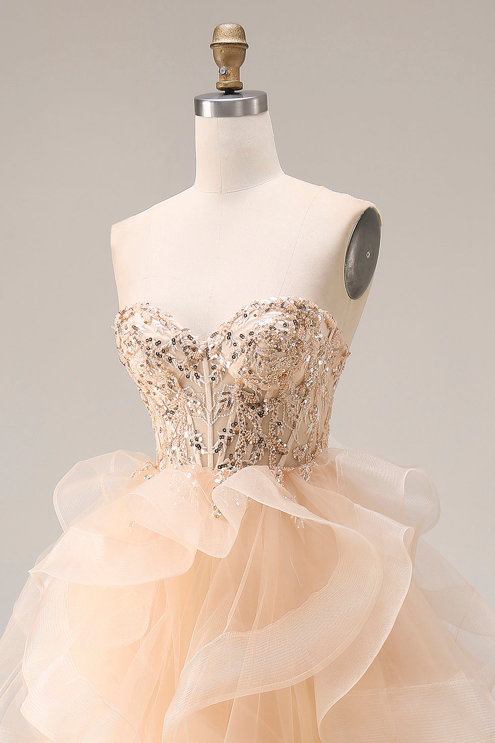 Champagne Strapless Organza A-Line Long Prom Dress with Ruffles