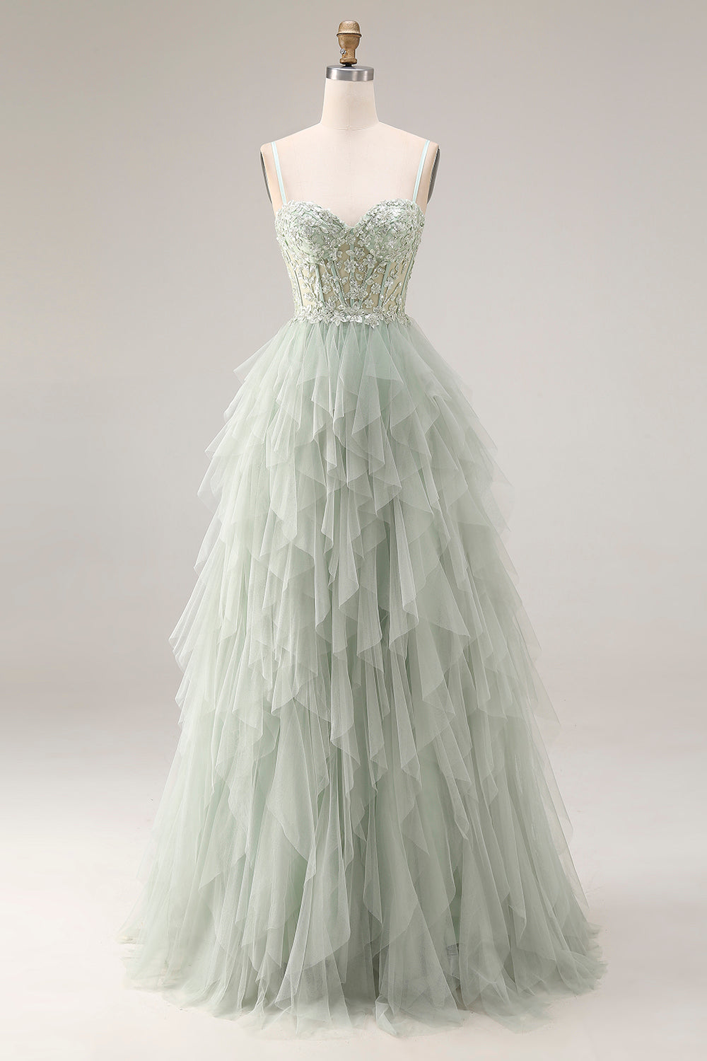 Dusty Green A-Line Tulle Spaghetti Straps Corset Long Prom Dress with Ruffles