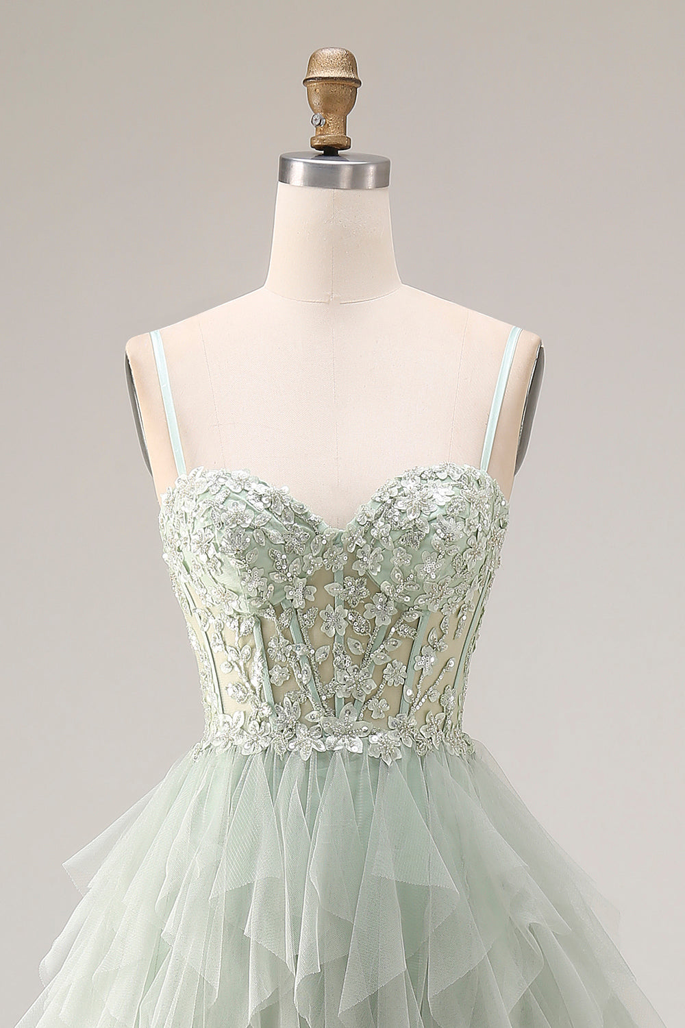 Dusty Green A-Line Tulle Spaghetti Straps Corset Long Prom Dress with Ruffles