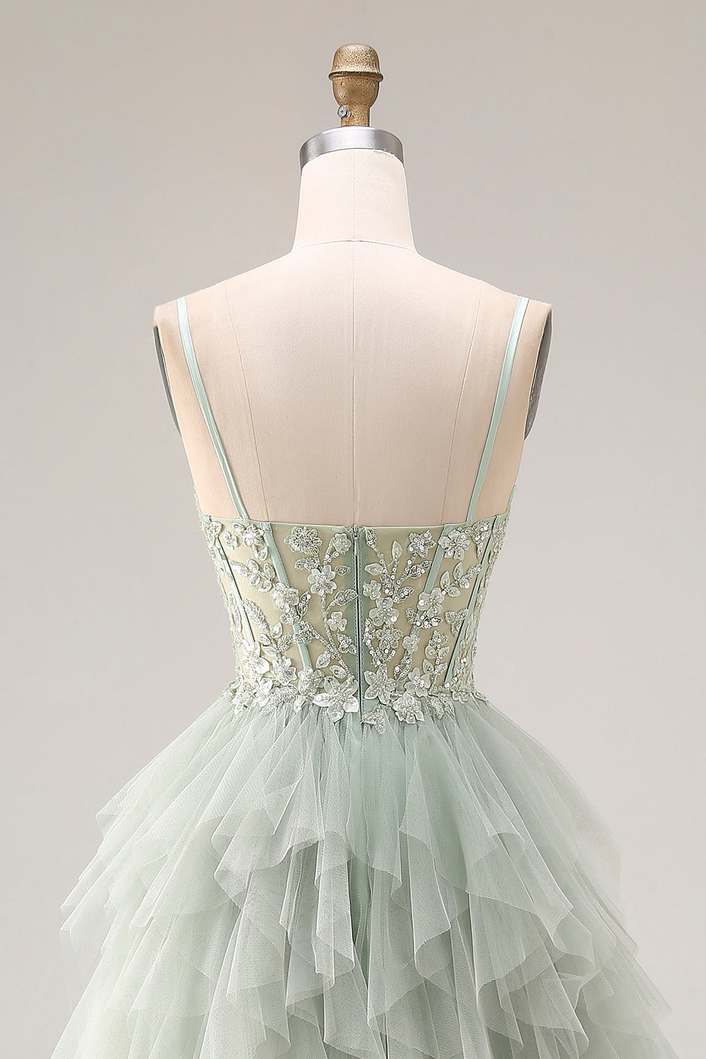 Dusty Green A-Line Tulle Spaghetti Straps Corset Long Prom Dress with Ruffles