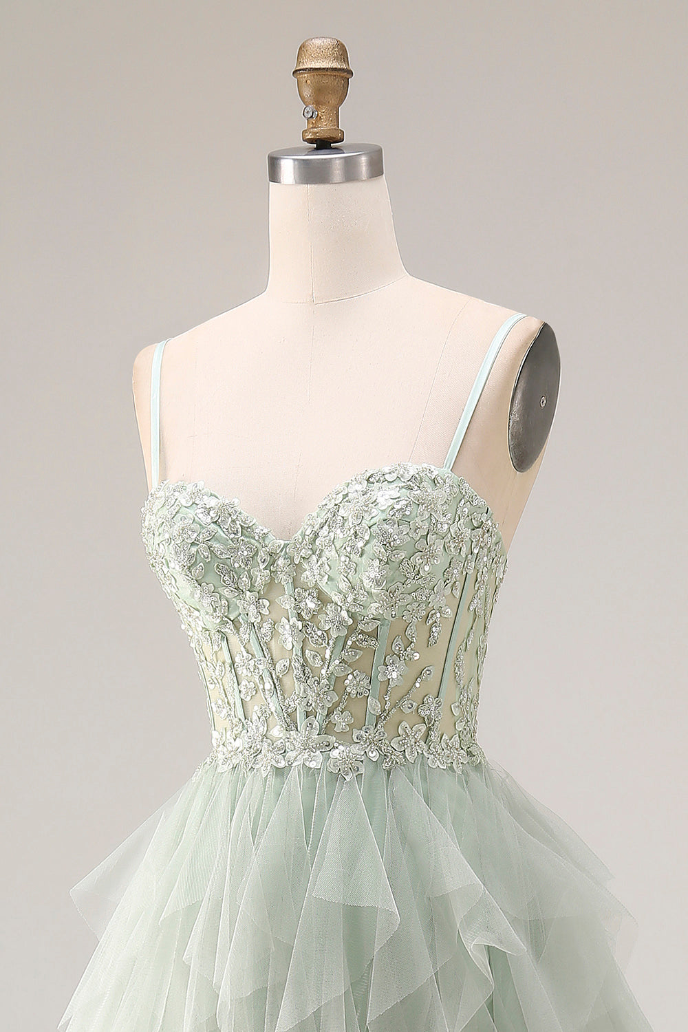 Dusty Green A-Line Tulle Spaghetti Straps Corset Long Prom Dress with Ruffles